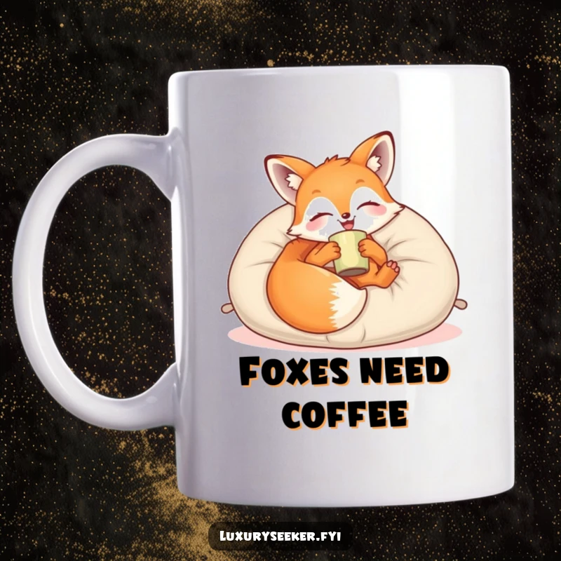 Funny Mug: A joyful fox lounges contentedly on a plush velvet pillow, holding a cup, embodying ultimate relaxation and cozy charm.