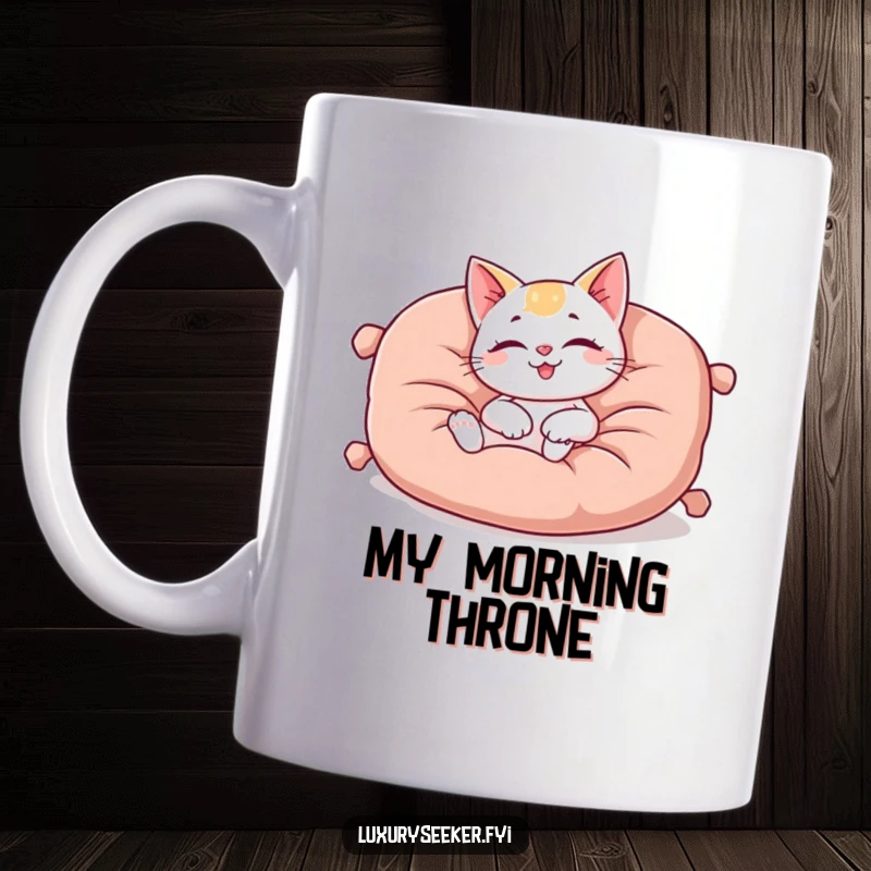 Funny mug showing a happy cat character lounging comfortably on a plush, oversized velvet cushion, embodying pure feline contentment.