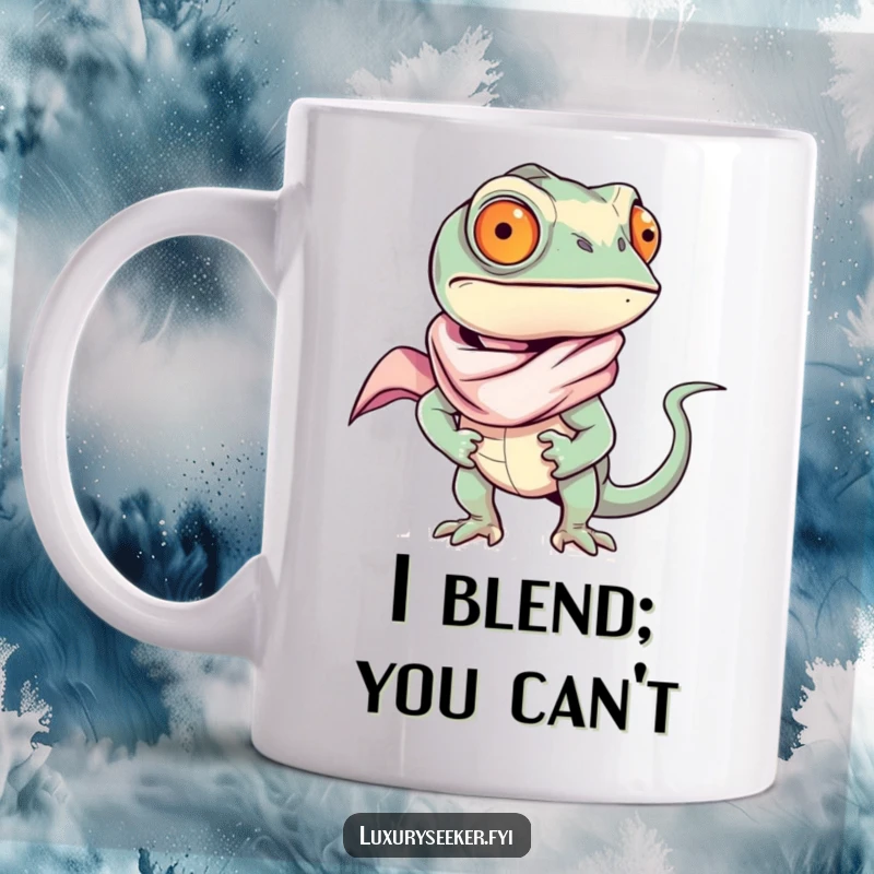 Funny chameleon wearing a silk scarf confidently, sipping from a mug, showcasing style and sass for a great funny gift.