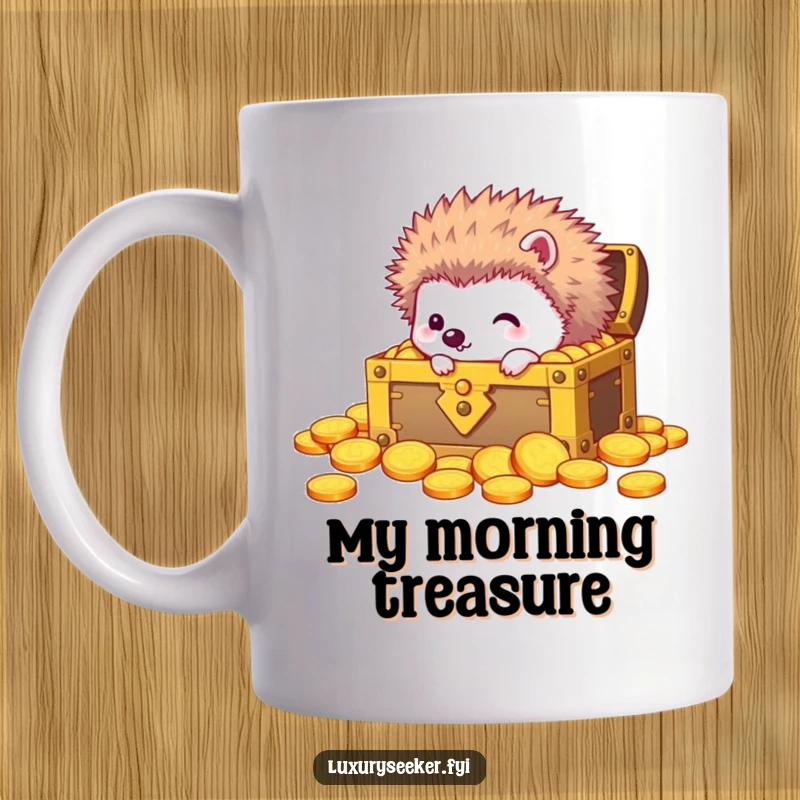 Funny mug showing a small, curious hedgehog peering into a large, ornate treasure chest brimming with shiny gold coins.