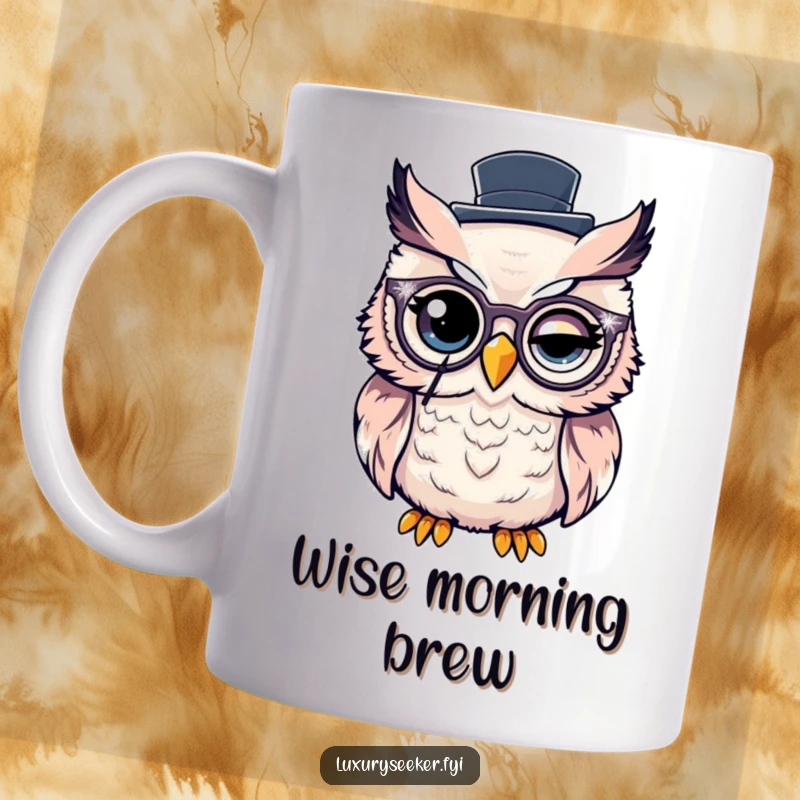 Funny Mug: A wise owl winks while wearing a sparkly monocle and a distinguished top hat.