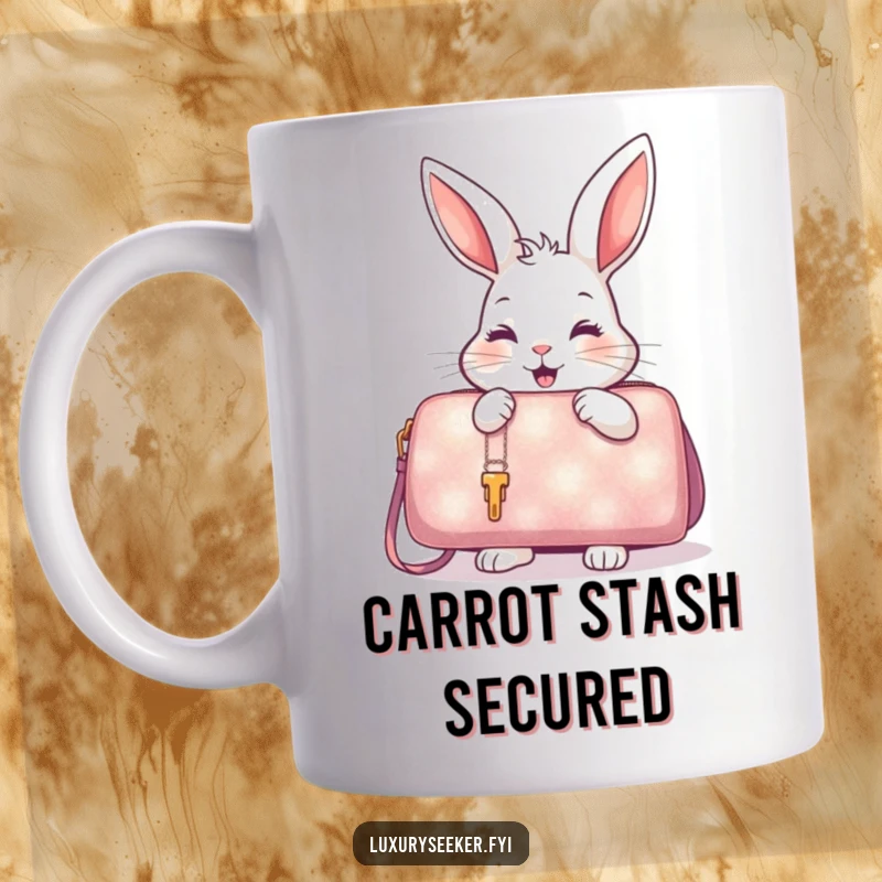 Funny Mug shows a delighted rabbit excitedly examining a shimmering, oversized handbag, ready for a shopping spree.
