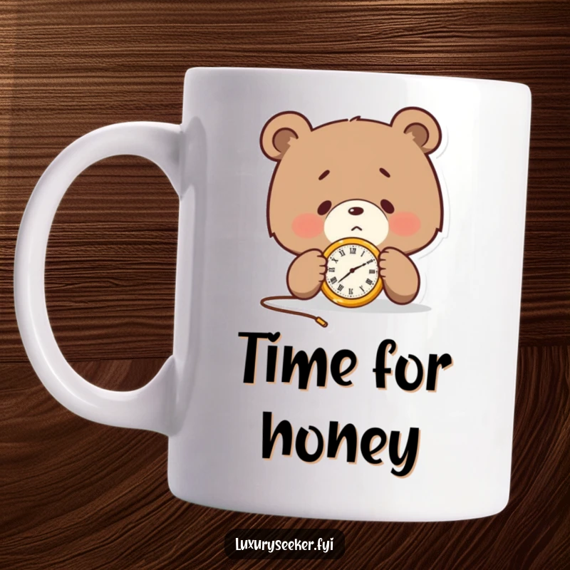 Funny mug featuring a determined bear character intently examining a small, golden pocket watch, symbolizing punctuality and focus.