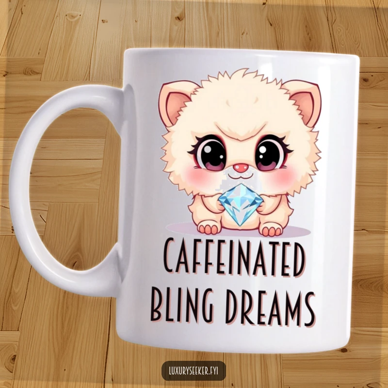Funny mug showing a cute, fluffy creature with large, wide eyes gazing in admiration at a dazzling, sparkling diamond necklace.