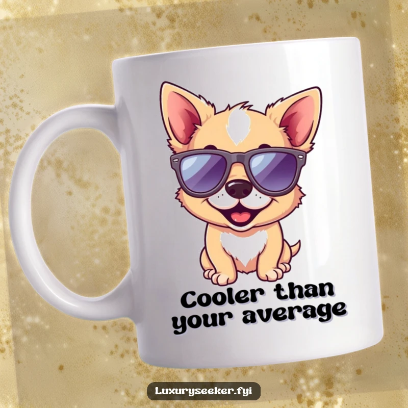 Funny dog mug featuring a happy, playful puppy sporting tiny designer sunglasses, looking cool and stylish while enjoying a drink.
