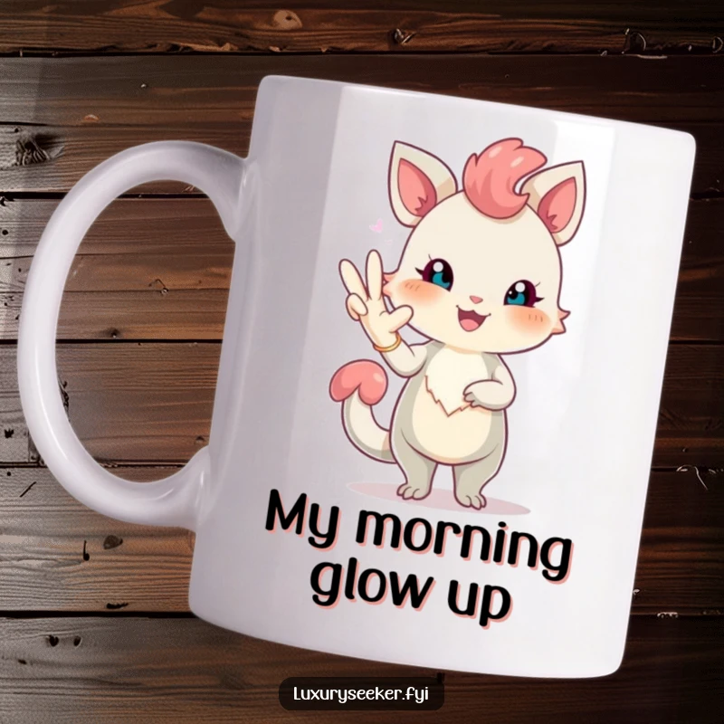 Funny mug featuring a cheerful creature with rosy blush posing elegantly with a long, elegant glove, radiating sophisticated humor.