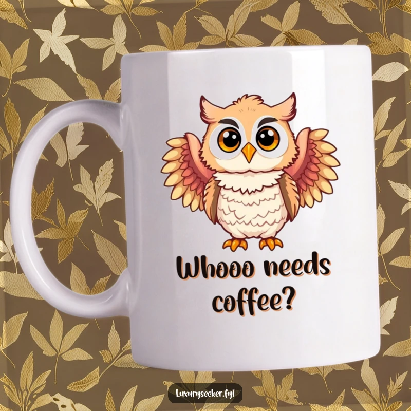 Funny mug featuring a joyful owl character adorned with elegant, colorful feathered boas, exuding fabulousness.