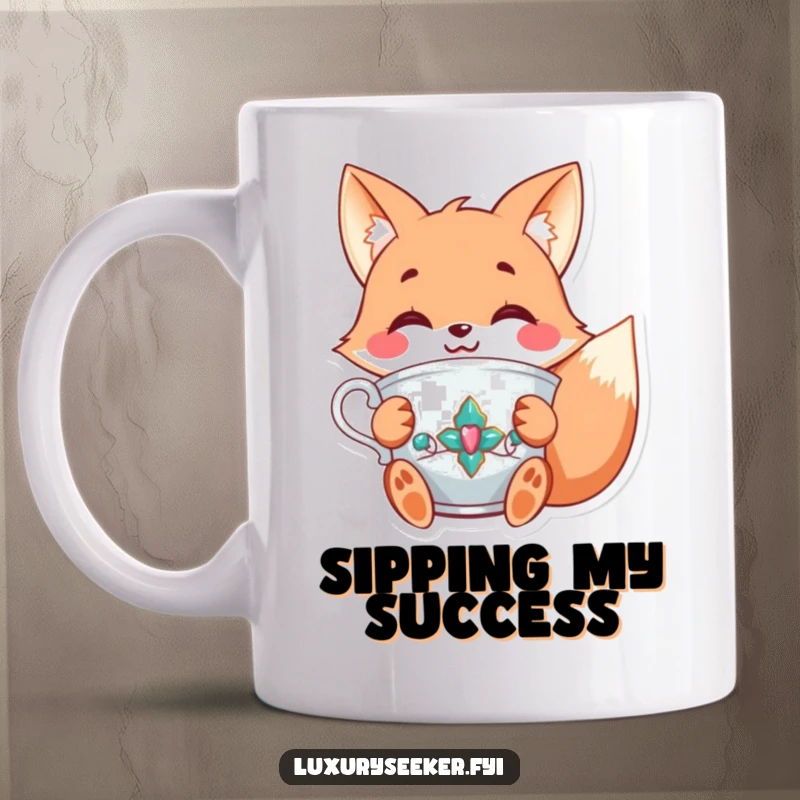 Funny mug showing a joyful fox character holding a fancy, jeweled teacup with a delightful smile, embodying sophisticated tea enjoyment.