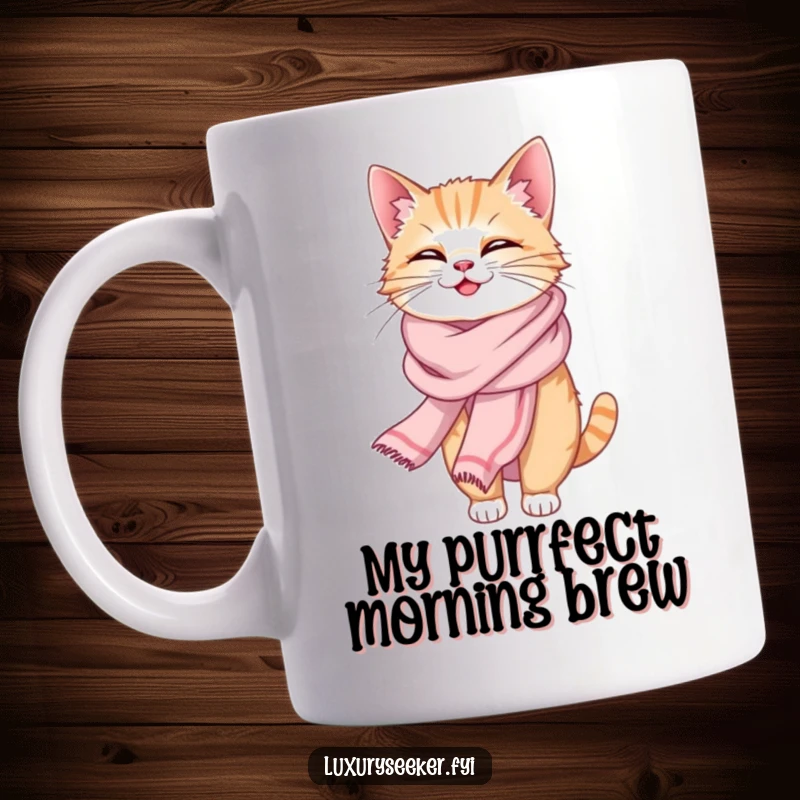 Funny mug with a giggling cat wearing a luxurious silk scarf, looking utterly amused and chic.