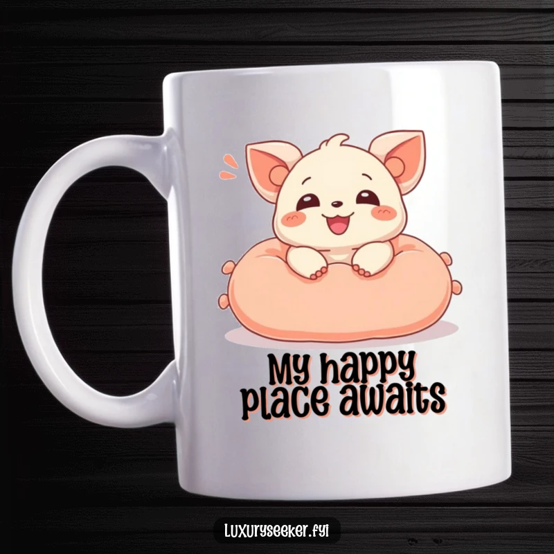 Funny mug with a delighted creature sighing happily while reclining on a luxurious, plush velvet cushion, embodying pure relaxation.