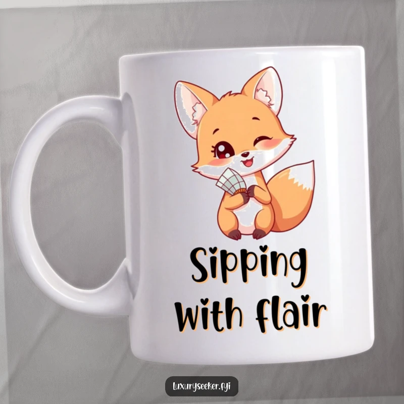 Funny mug of a happy fox coyly holding a delicate fan, looking over its shoulder with a playful, mischievous expression.