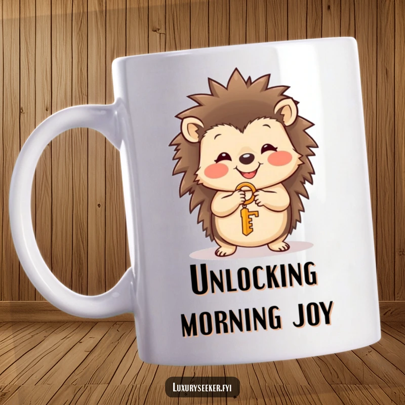 Funny smiling hedgehog holding a tiny golden key on a mug, symbolizing discovery and joy, a delightful funny gift.