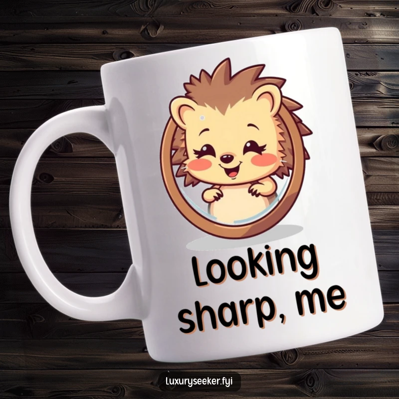 Funny Hedgehog Mug: A cheerful hedgehog sees its reflection in a mirror, smiling with delight, ready for a good laugh and a warm drink.