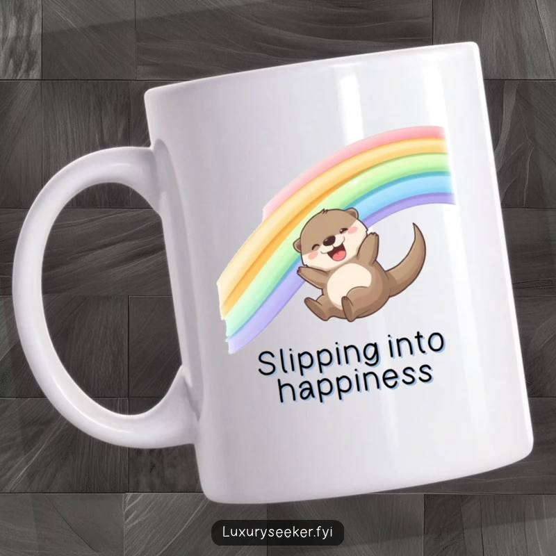 Funny Joyful Otter Mug featuring a happy otter sliding down a vibrant rainbow made of shimmering silk ribbons, pure fun.