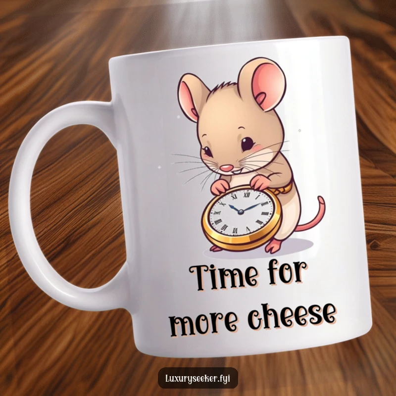 Funny Mouse Mug shows a content mouse admiring a very small, exquisite pocket watch, ideal for collectors and humor fans.