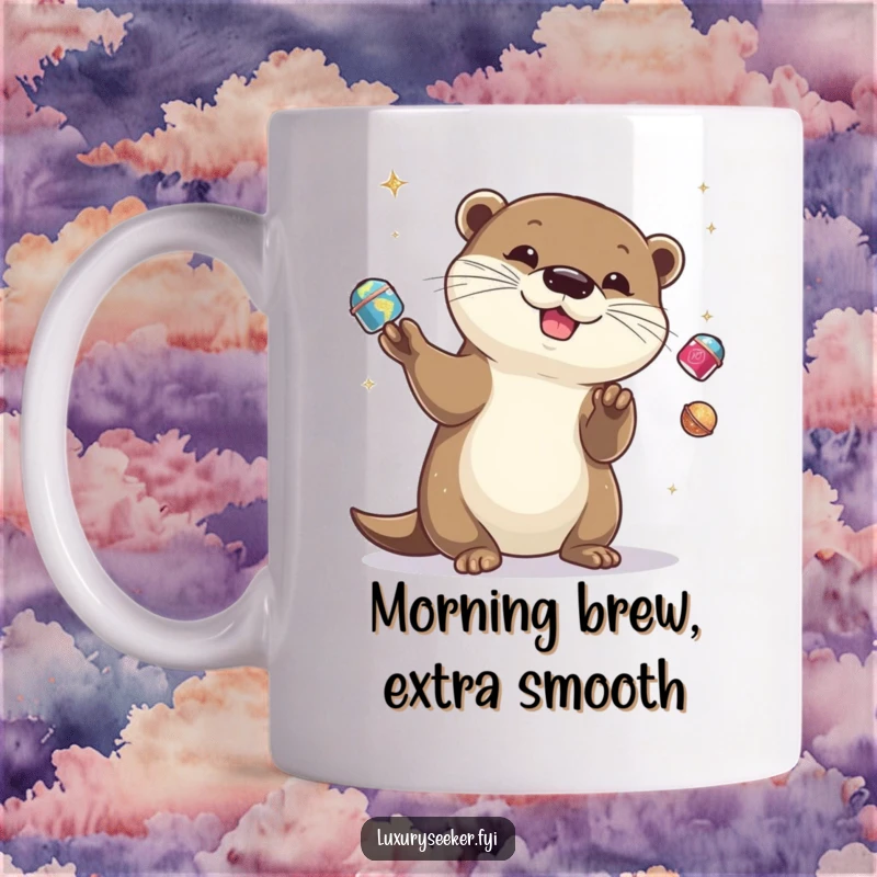 Funny otter skillfully juggling tiny glittering objects, looking playful and energetic on a mug, a great funny gift.