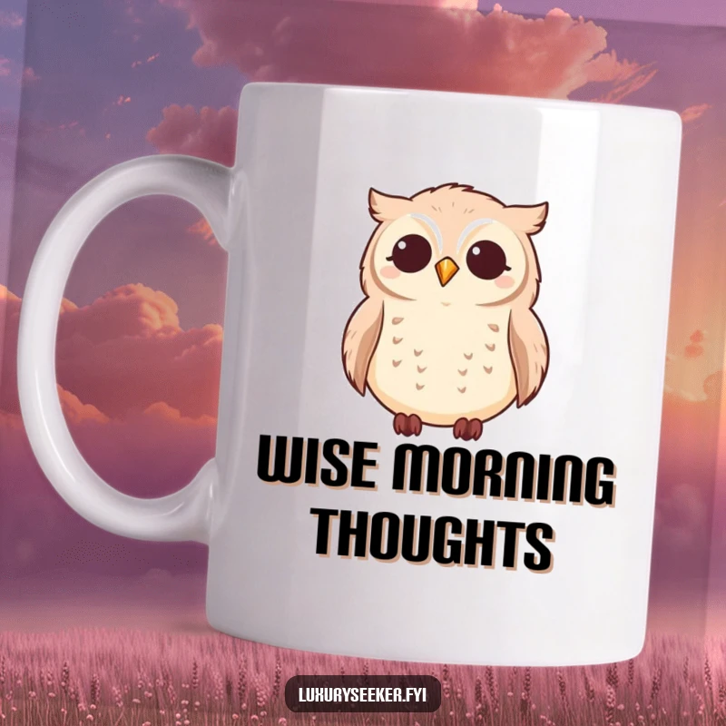Funny contented owl looking at twinkling stars, appearing wise and peaceful on a mug, a great funny gift.