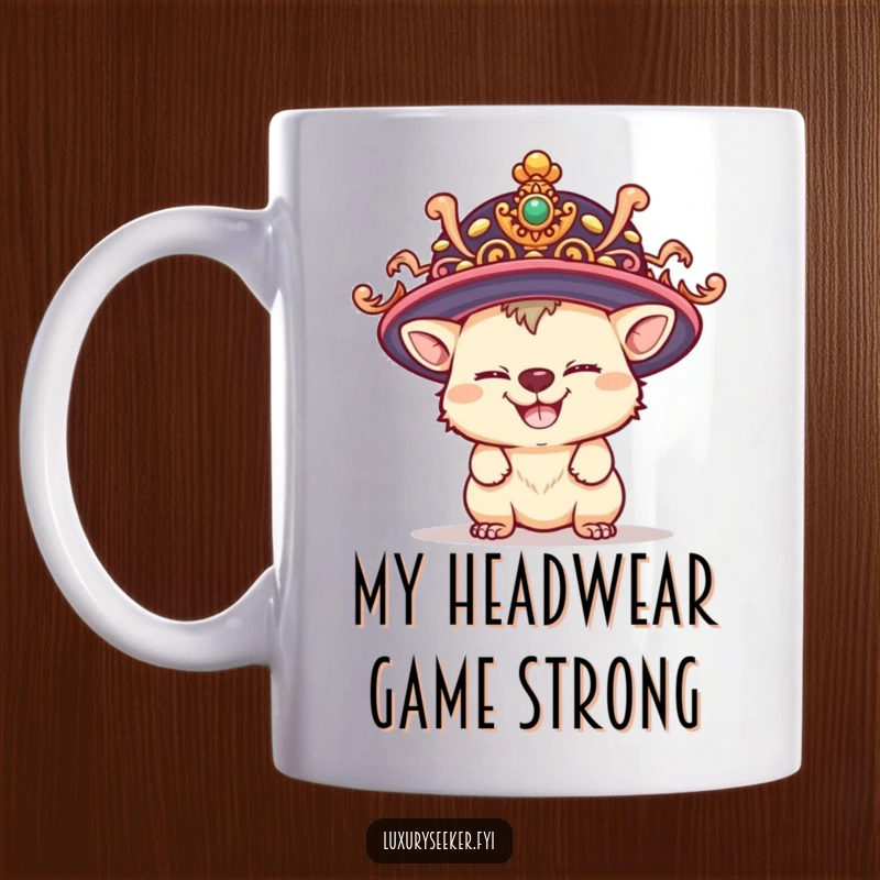 Funny mug with a playful creature sporting a mischievous grin while trying on a ridiculously large, ornate hat, showcasing fun.