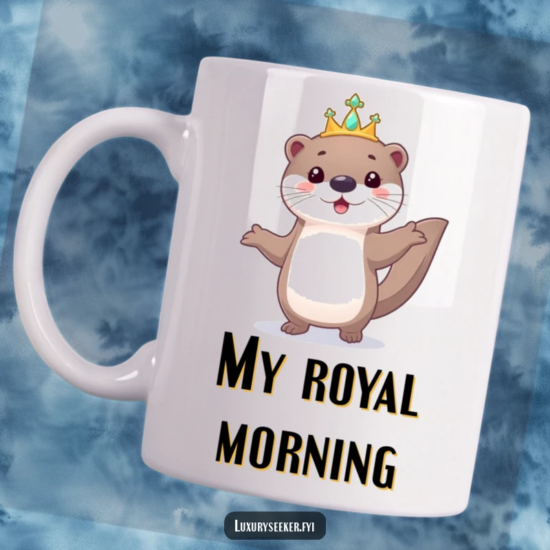 Funny mug showing a playful otter proudly parading while wearing a tiny, sparkling jeweled tiara, looking utterly adorable.
