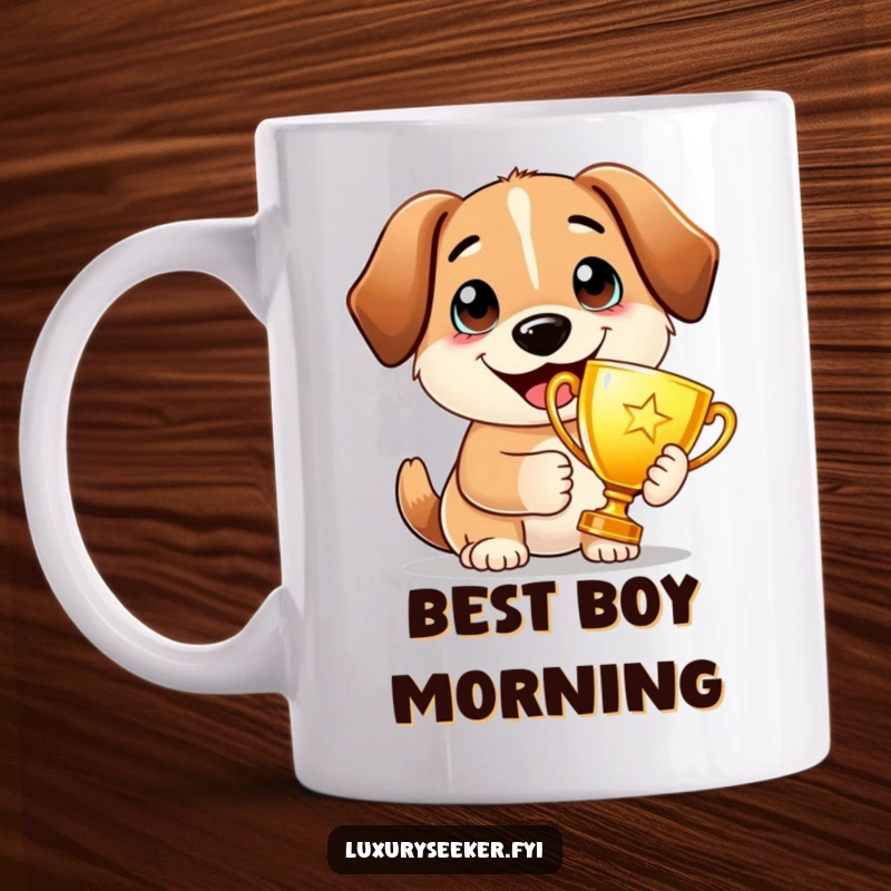Funny Mug: A proud dog beams with a wide smile, holding a shiny golden trophy, exuding triumphant joy and canine accomplishment.