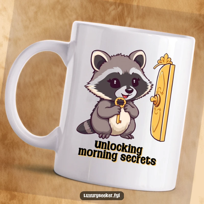 Funny mug: A content raccoon curiously holds a small ornate key, peering intently through a tiny, golden, intricate door.