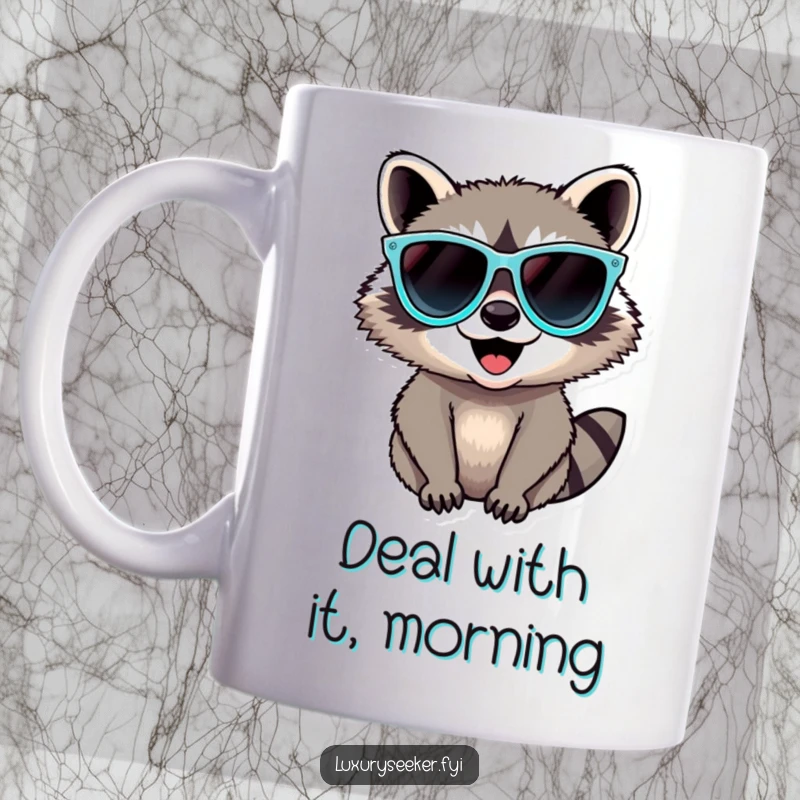 Funny Raccoon Mug featuring a delighted raccoon wearing oversized, sparkling diamond-shaped sunglasses, looking incredibly cool and happy.