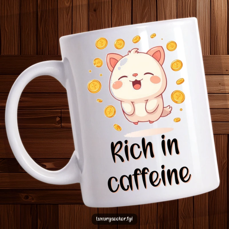 Funny mug of a happy creature sighing contentedly, surrounded by floating golden coins, celebrating humorous wealth and joy.