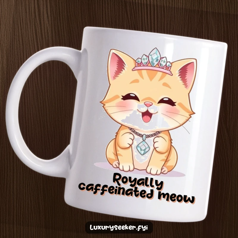 Funny Mug: A delighted cat wears a tiny diamond tiara, gazing admiringly at a sparkling necklace, exuding regal and pampered feline charm.