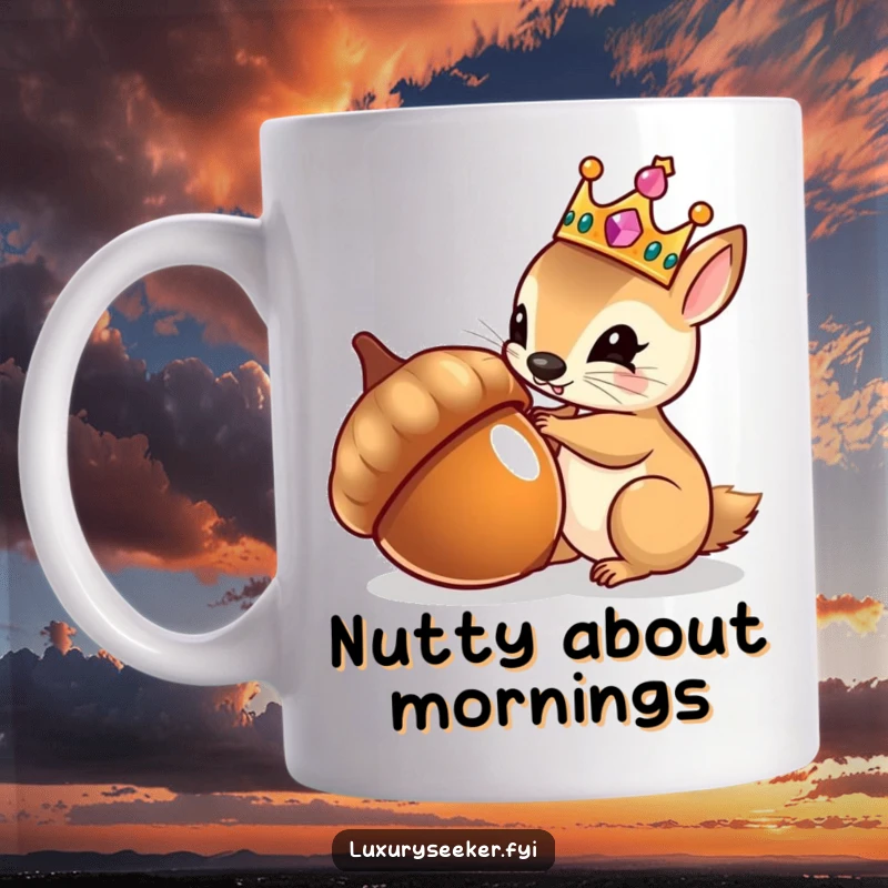 Funny mug showing a tiny squirrel wearing a jeweled crown, gazing at its reflection in a shiny acorn, conveying vanity.