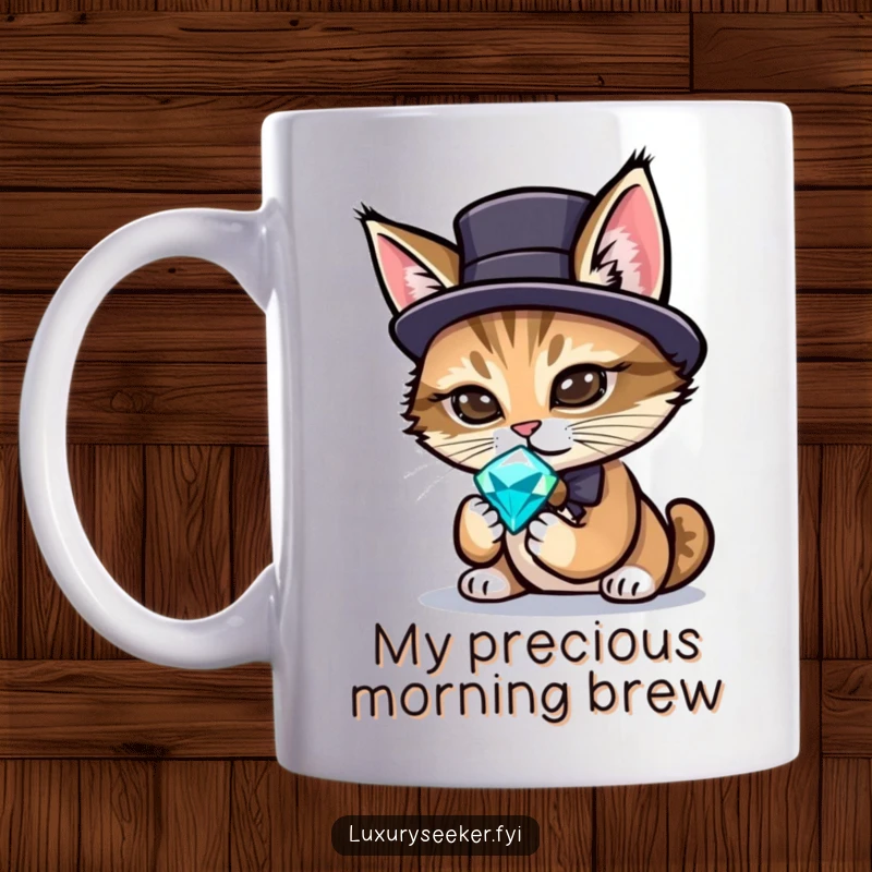 Funny mug with a sophisticated cat wearing a tiny top hat, meticulously inspecting a dazzling gemstone with amusement.