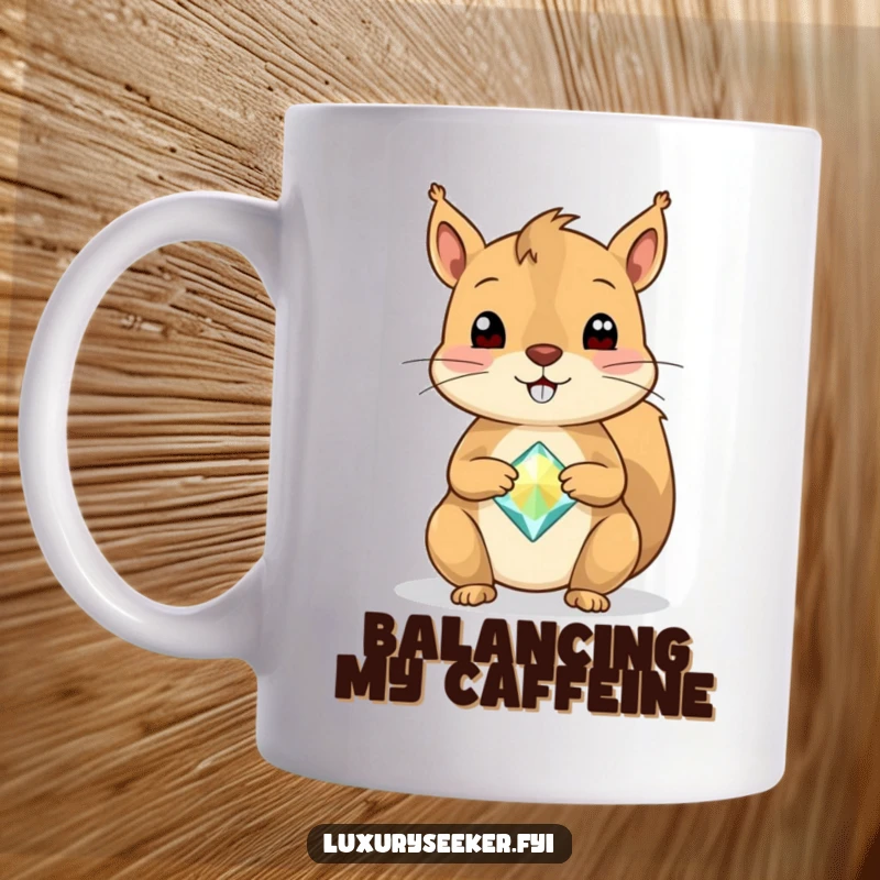 Funny Squirrel Mug featuring a cheerful squirrel with a happy expression, perfectly balancing a single, large, sparkly gemstone on its nose.