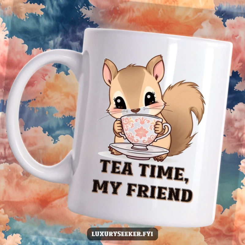 Funny squirrel mug featuring a curious squirrel delicately holding a tiny, ornate teacup and saucer, perfect for tea lovers.