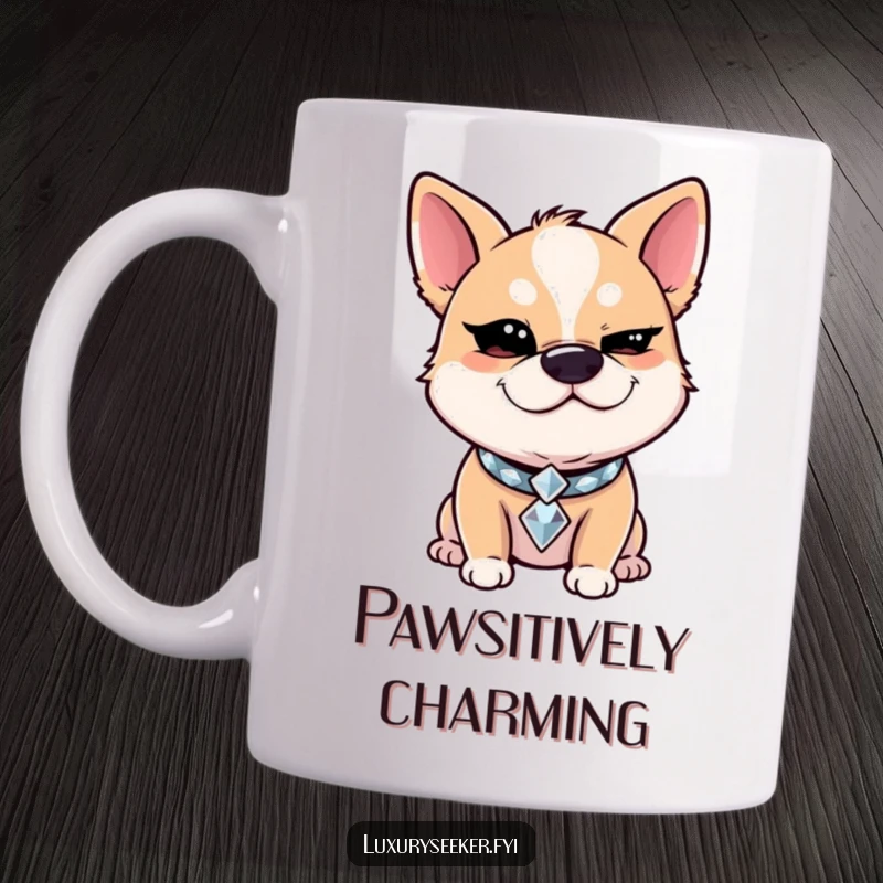 Funny Mug: A giggling dog with a sparkling diamond collar winks slyly at the viewer, exuding charm and playful mischief.