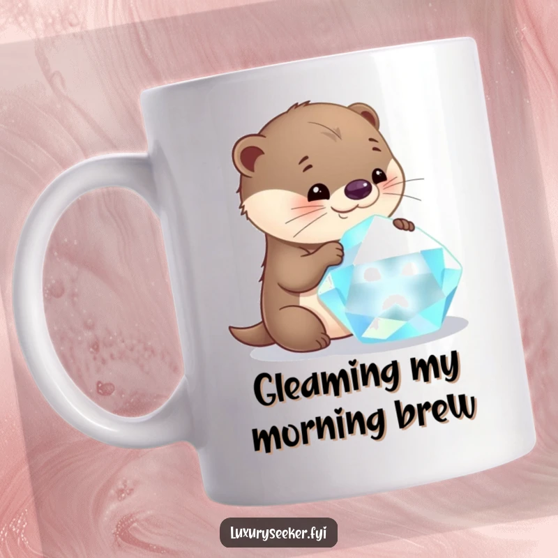 Funny otter mug featuring a curious character looking with delight at a huge, sparkling gemstone, full of awe.