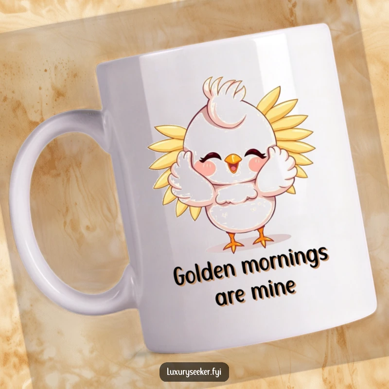 Funny Bird Mug: A happy, preening bird shows off a cascade of shiny golden feathers, radiating joy and humor for your drink.