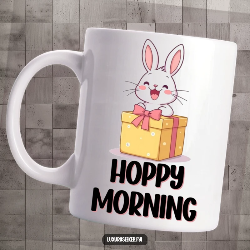 Funny Mug: A happy rabbit excitedly opens a perfectly wrapped gift box, showing pure delight and anticipation for the surprise inside.
