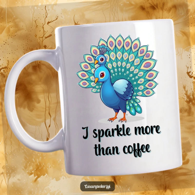 Funny Proud Peacock Mug showcasing a majestic bird fanning its tail adorned with tiny, sparkling gems, exuding confidence.