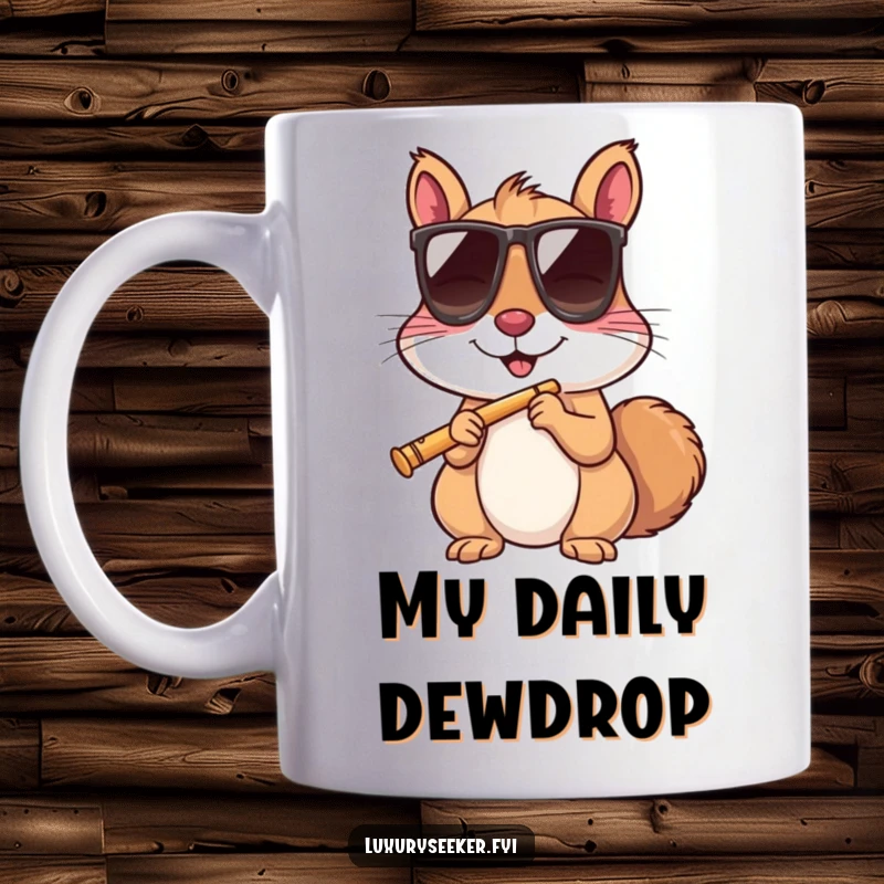 Funny squirrel wearing sunglasses, sipping from a tiny flute with a relaxed expression on a coffee mug.