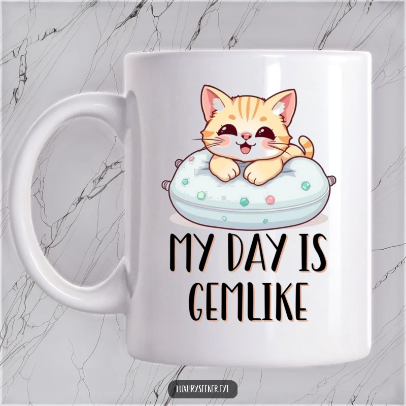 Funny Mug: A contented cat lounging luxuriously on a pillow adorned with sparkling gemstones.