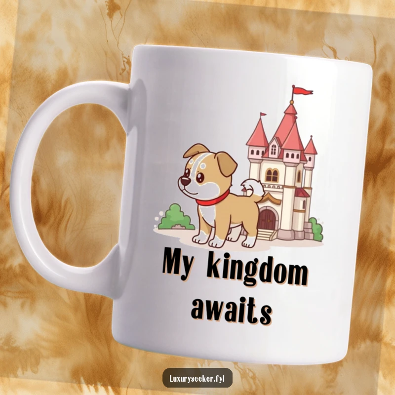 Funny determined dog wagging its tail beside a miniature ornate castle on a mug, showing loyalty, a great funny gift.