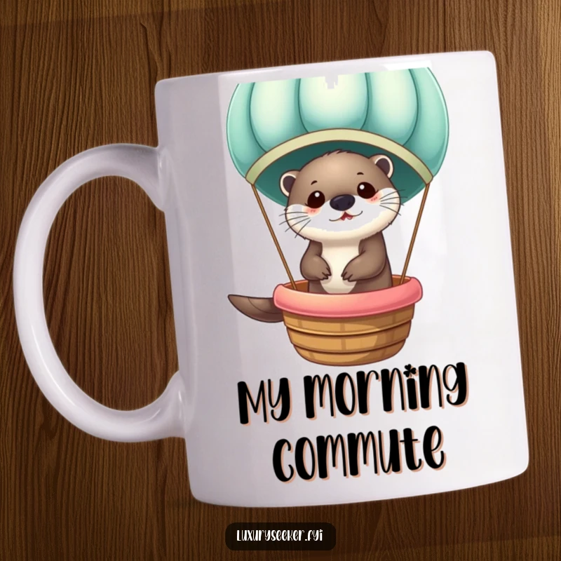 Funny Otter in Velvet Hot Air Balloon Mug: Adorable otter joyfully floating, showcasing a unique, cozy velvet balloon ride.