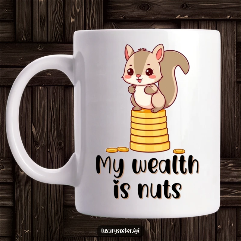 Funny squirrel mug balancing precariously on a tall stack of shiny gold coins, looking mischievous and proud.