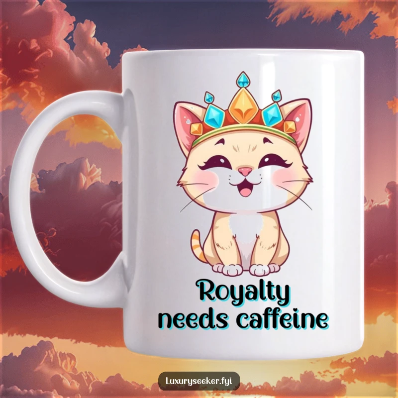 Funny Mug featuring a happy cat character attempting to wear an oversized, jeweled crown with a regal, yet amusing expression.