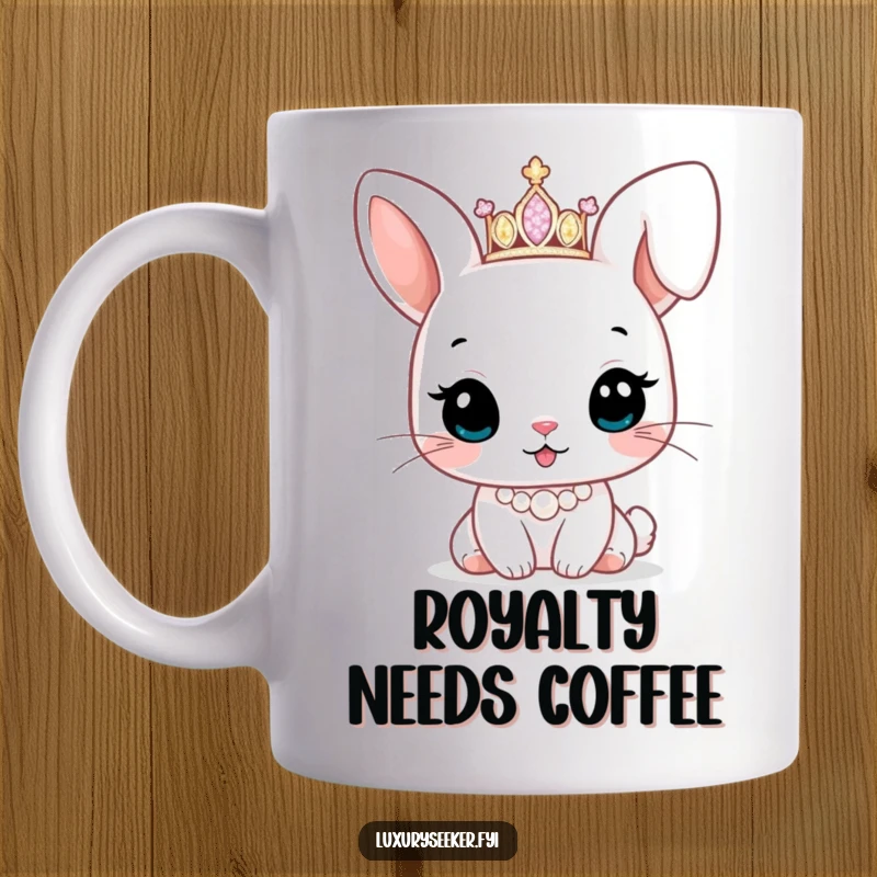 Funny mug with a cute bunny character wearing a tiny sparkling tiara and a pearl necklace, exuding adorable, royal charm.