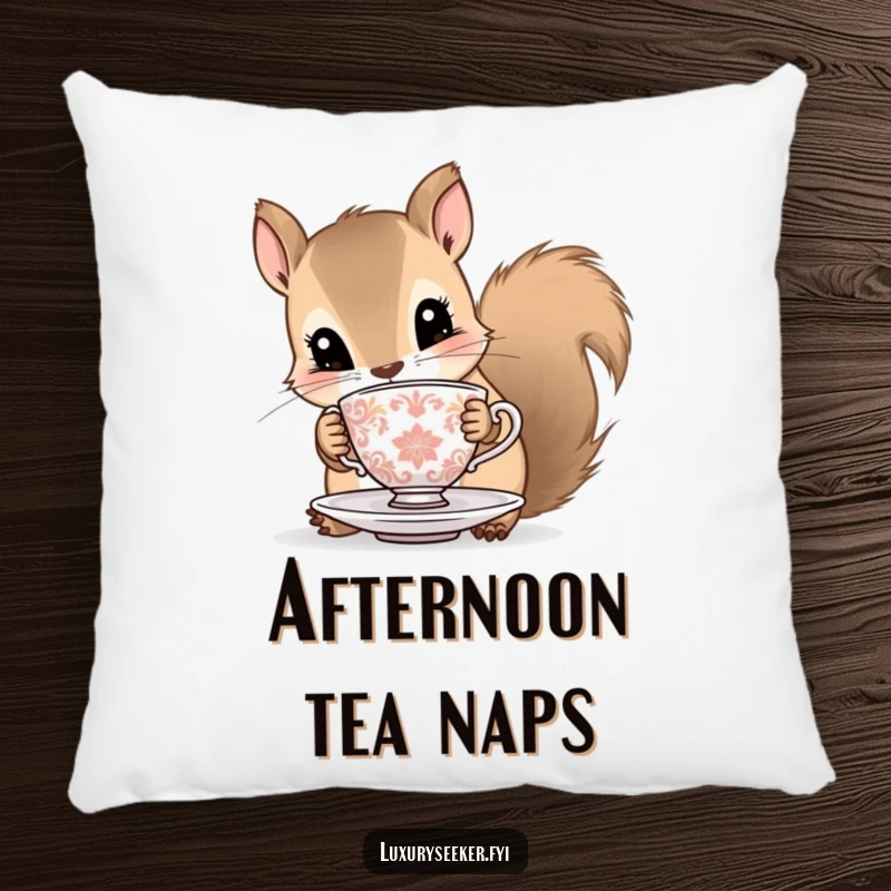 Funny squirrel pillow with a soft design, featuring a curious squirrel holding a tiny ornate teacup and saucer, adding whimsy and comfort.