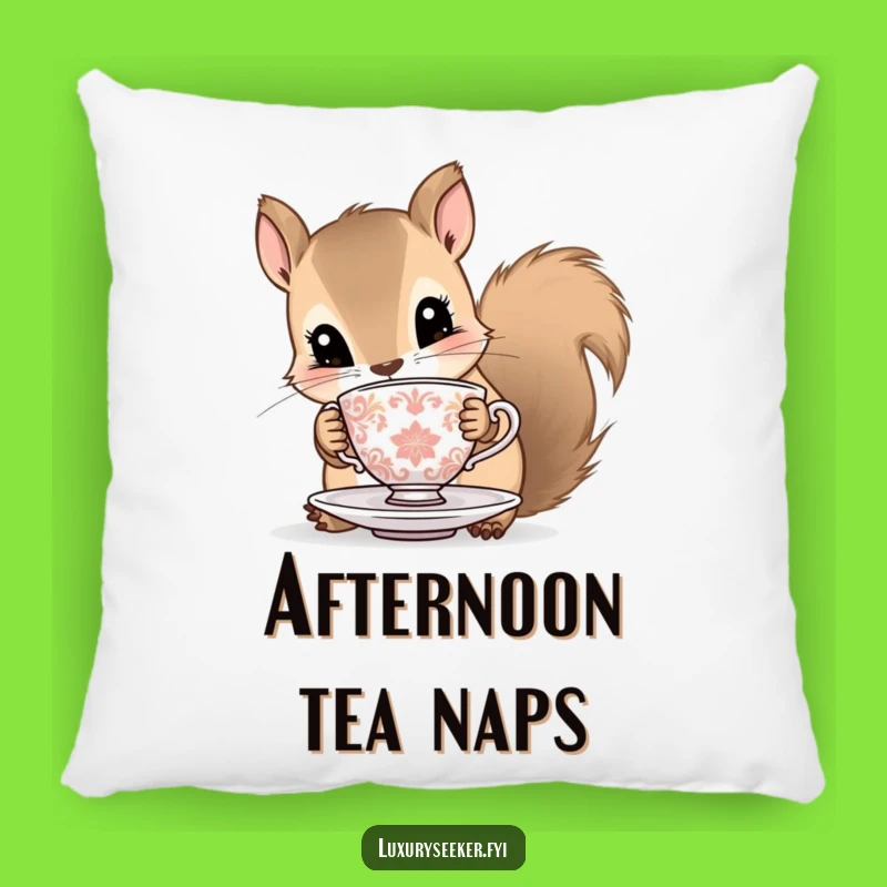 Funny Squirrel Pillow: Soft Cushion with a Curious Critter and Tiny Teacup, Cozy Gift