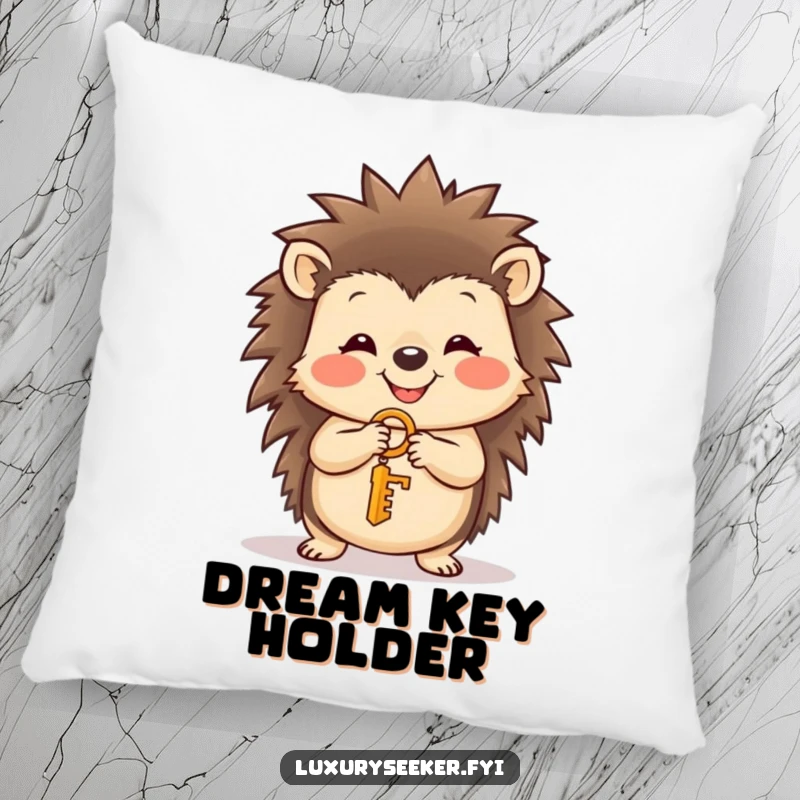 Funny hedgehog with a sweet smile holding a tiny golden key on a soft pillow, radiating comfort and cuteness, a lovely funny gift.