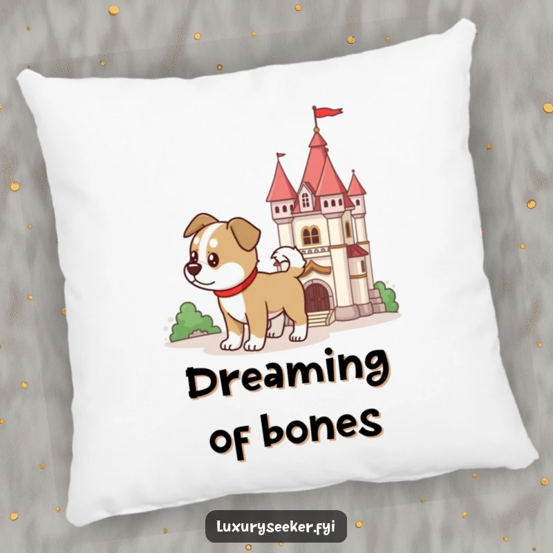 Funny dog guarding a miniature castle on a soft pillow, adding loyal decor, a funny gift.