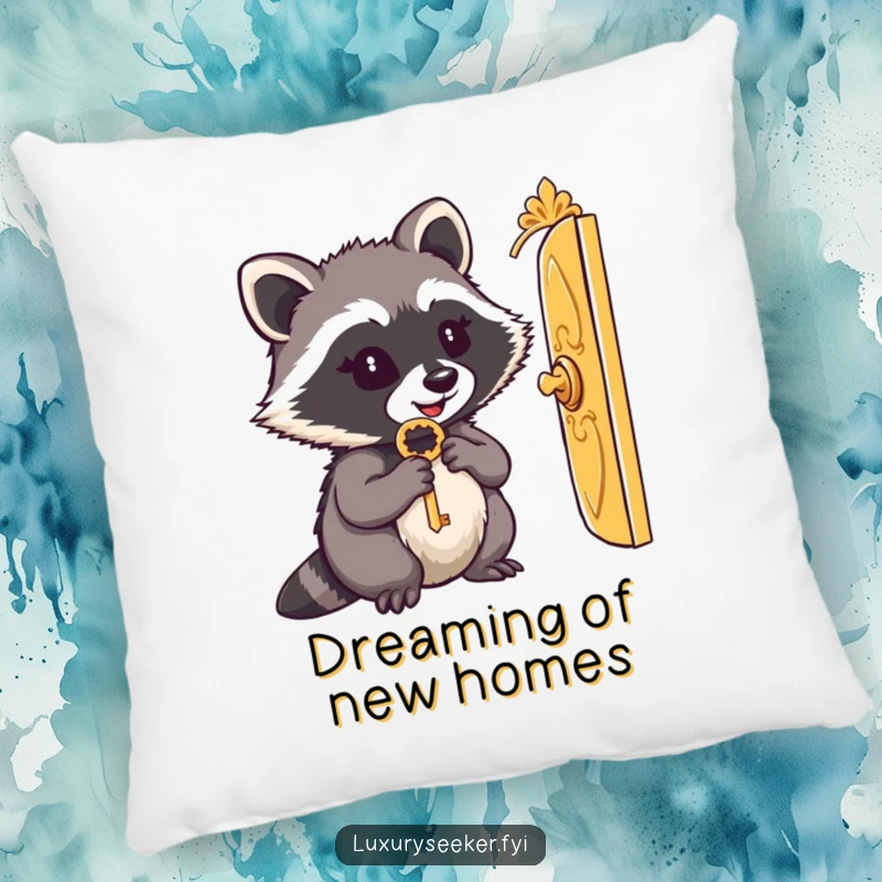 Funny pillow: A content raccoon holds a key, looking through a tiny golden door, offering soft, mysterious comfort.