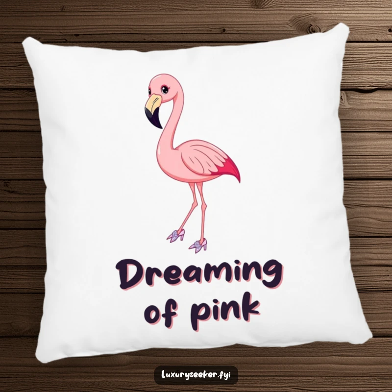 Funny Flamingo Pillow featuring a smiling bird in elegant, sparkly shoes, striking a graceful pose for a humorous touch.
